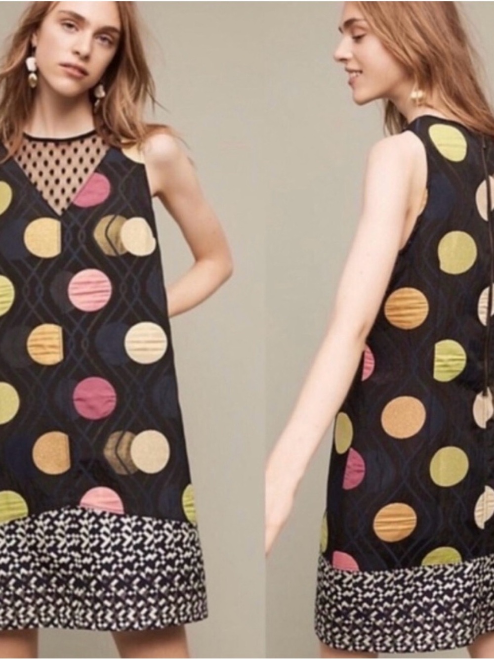 Maeve Black Sleeveless Midi Dress with Pink Gold Lime Polka Dots